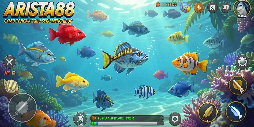 Tampilan gameplay ARISTA88 menampilkan pemain menangkap ikan dengan berbagai senjata.