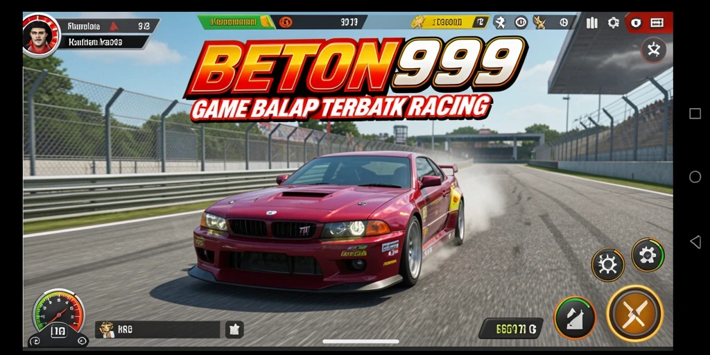 Gameplay BETON999 dengan mobil balap yang cepat dan lingkungan yang mendebarkan.