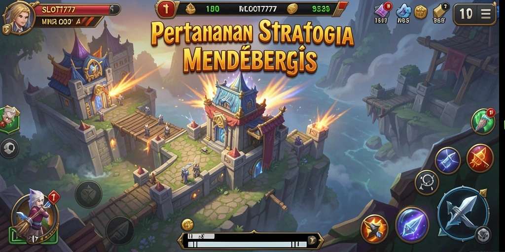 Screenshot utama SLOT777 dengan aksi pertempuran Tower Defense yang intens.
