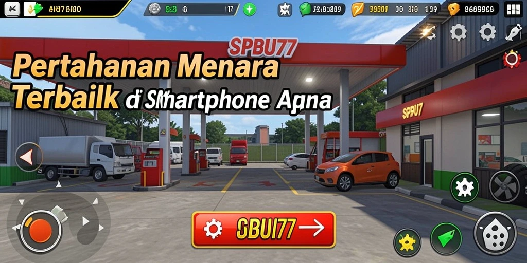 Tampilan permainan SPBU77 dengan aksi menara pertahanan.