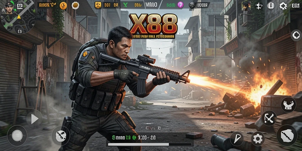 Screenshot gameplay X88 menampilkan pertempuran intens dan aksi seru.